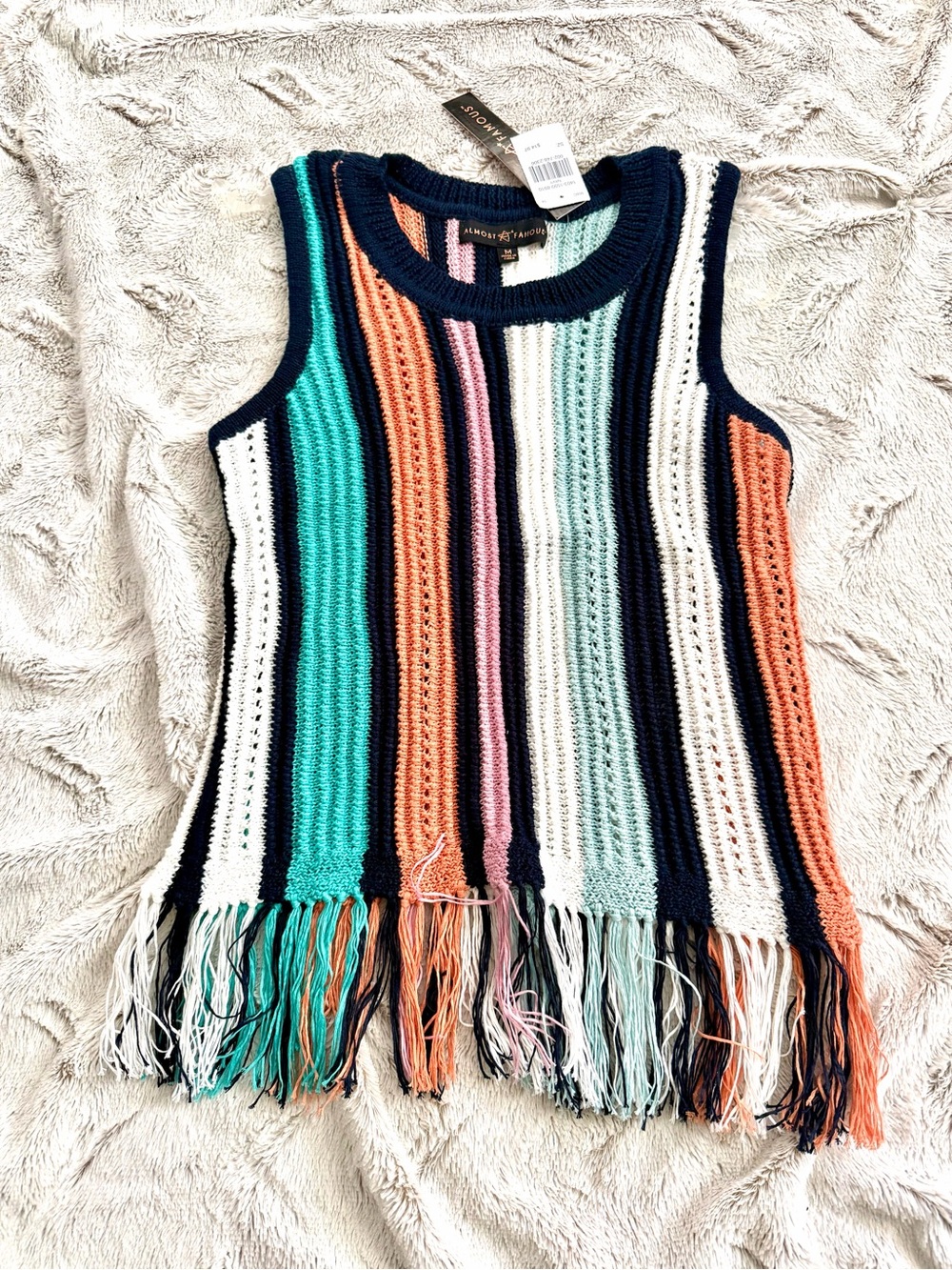 Almost Famous Boho Crochet Striped Knit Tank Top Fringe Hem Festival